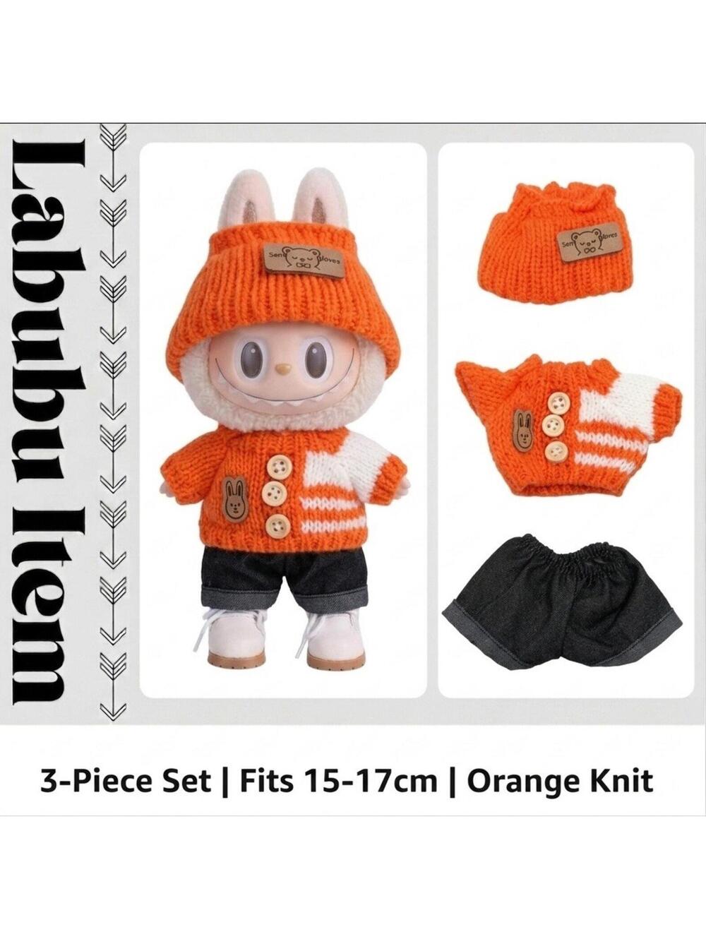 Labubu Doll Clothes Orange Knit 3-Piece Set Fits 15-17cm Plush Figure Costume